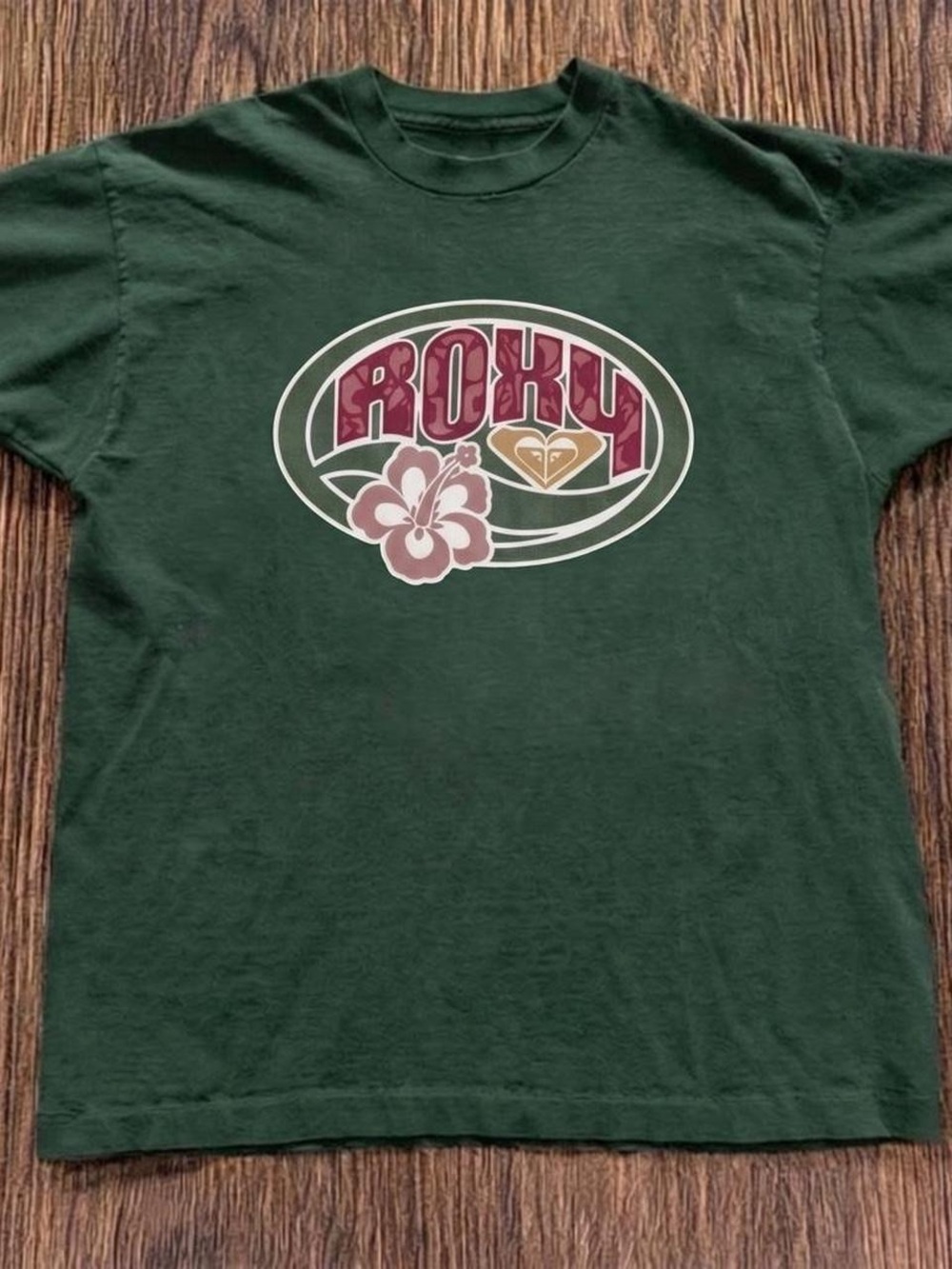 Gildan Dark Green Tee with Pink and Gold Roxy Logo